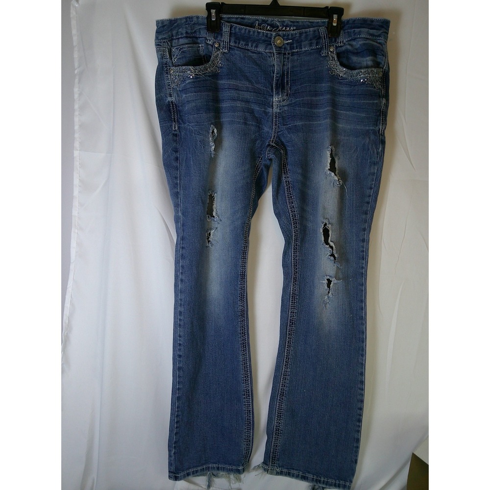 Ariya Jeans Womens 18 Distressed Bootcut Embellished Sequined Medium Wash Blue